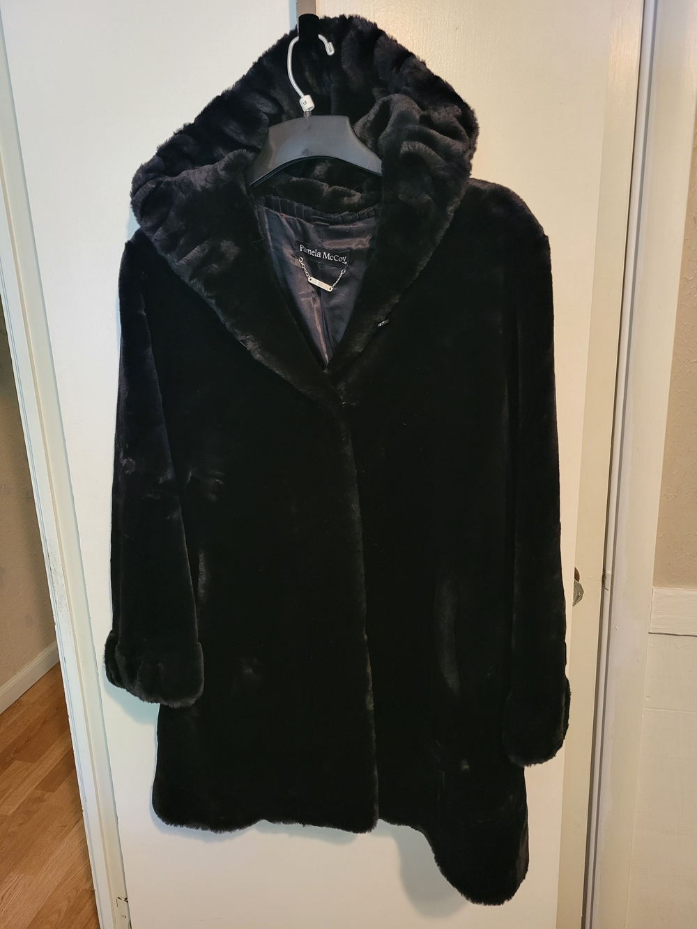 Pamela McCoy Black Faux-Fur Hooded Teddy Coat
